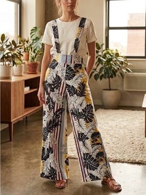 ZHU Tropical Palm Striped Wide Leg Palazzo Suspender Pants Bold Boho Maximalist